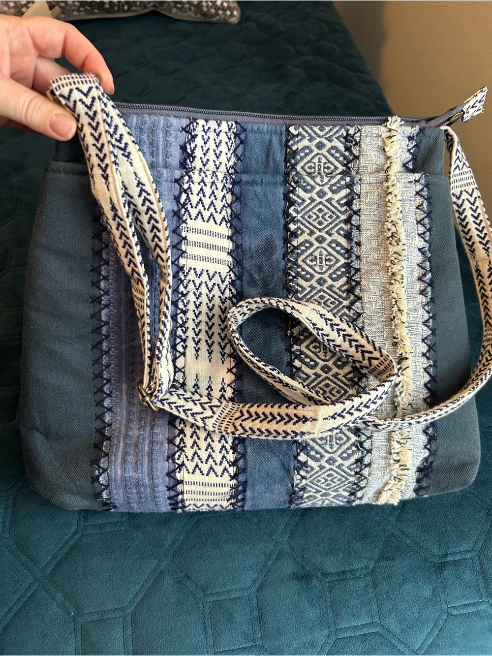 Demdaco Blue and Cream Woven Pattern Crossbody Boho Tote